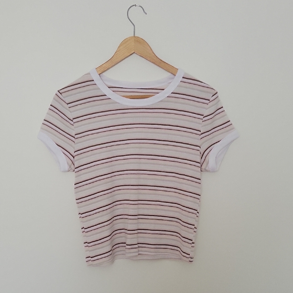 Arizona Jean Company Striped Short Sleeve Tee in White and Pink Size M Juniors